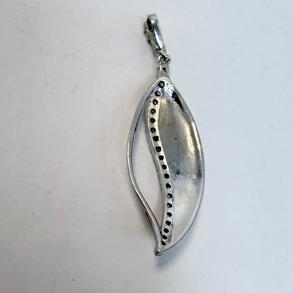 925 Sterling Silver Two Tone Gold Leaf Pendant Cubic Zirconia Marquise 1.5 Inch - Picture 2 of 4